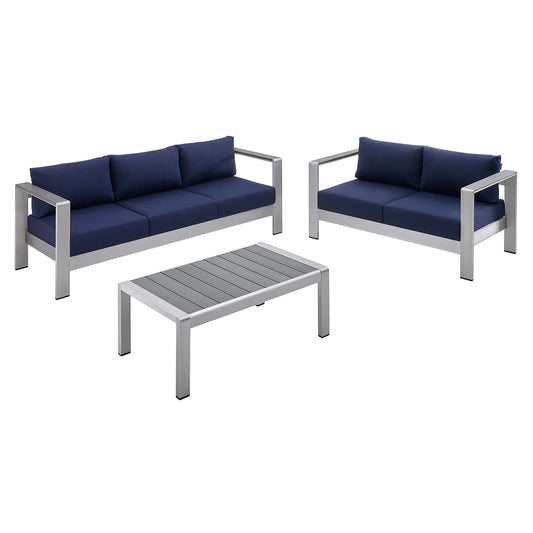Shore 3 Piece Sunbrella® Fabric Outdoor Patio Aluminum Set by Modway EEI-4313-SLV-NAV-SET