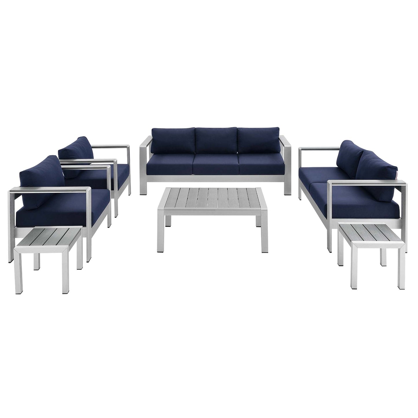 Shore 7 Piece Sunbrella® Fabric Outdoor Patio Aluminum Set by Modway EEI-4322-SLV-NAV-SET