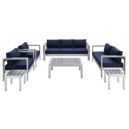 Shore 7 Piece Sunbrella® Fabric Outdoor Patio Aluminum Set by Modway EEI-4322-SLV-NAV-SET