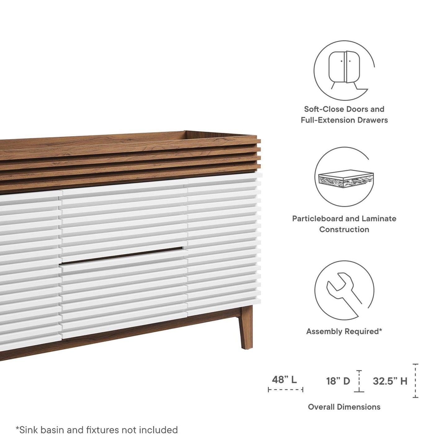 Render 48" Single Sink Compatible (not included) Bathroom Vanity Cabinet White Walnut EEI-4341-WHI-WAL