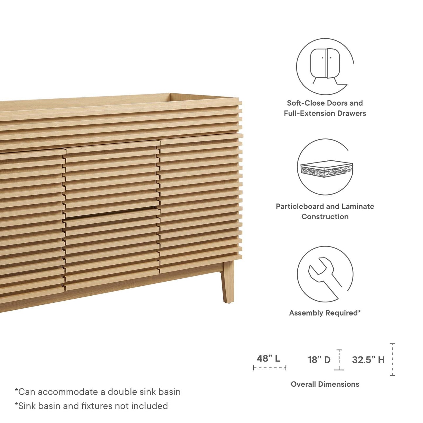Render 48" Double Sink Compatible (Not Included) Bathroom Vanity Cabinet Oak EEI-4342-OAK