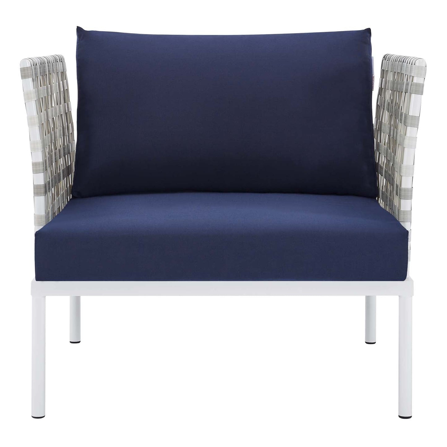 Harmony Sunbrella® Basket Weave Outdoor Patio Aluminum Armchair Taupe Navy EEI-4541-TAU-NAV
