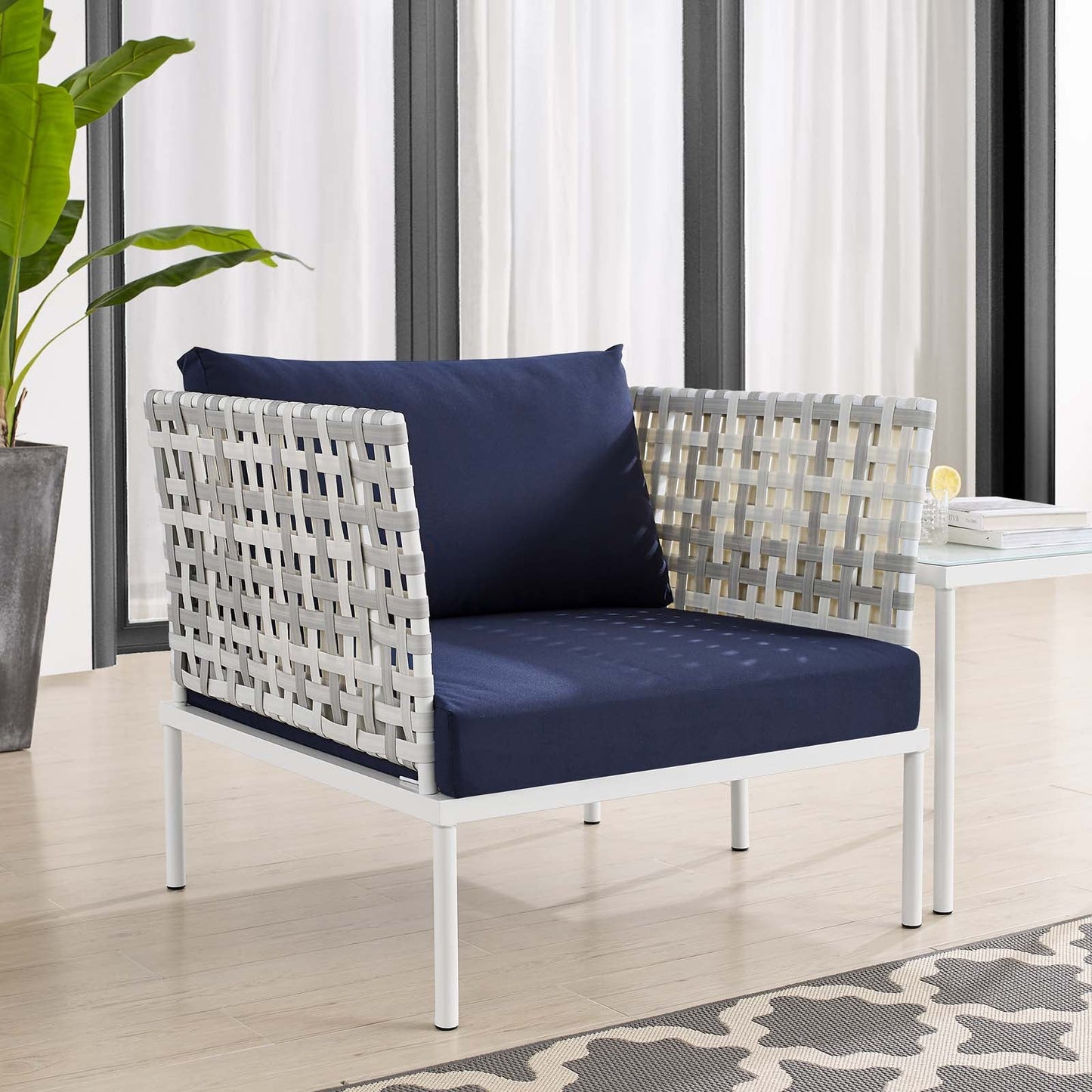 Harmony Sunbrella® Basket Weave Outdoor Patio Aluminum Armchair Taupe Navy EEI-4541-TAU-NAV