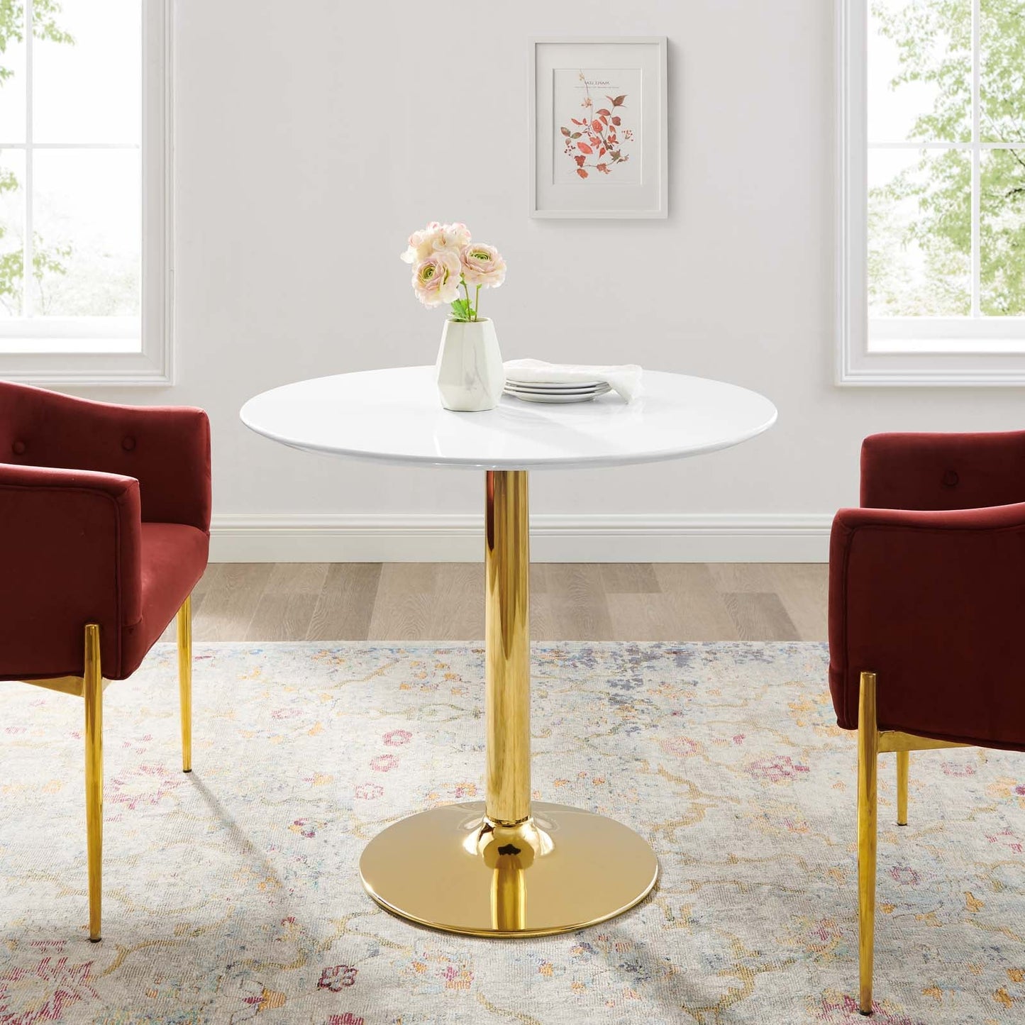 Verne 35" Artificial Marble Dining Table with Gold Base