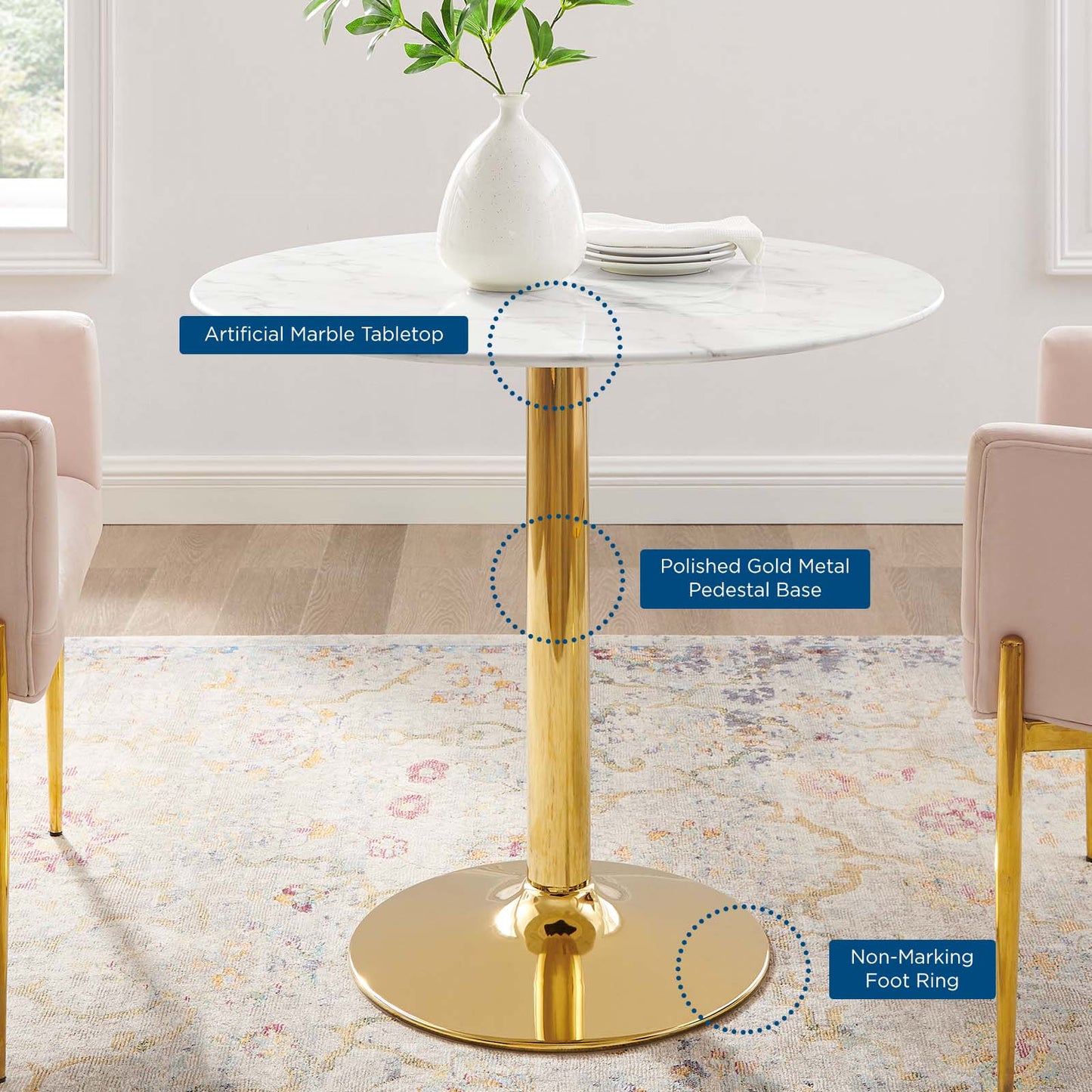 Verne 35" Artificial Marble Dining Table with Gold Base