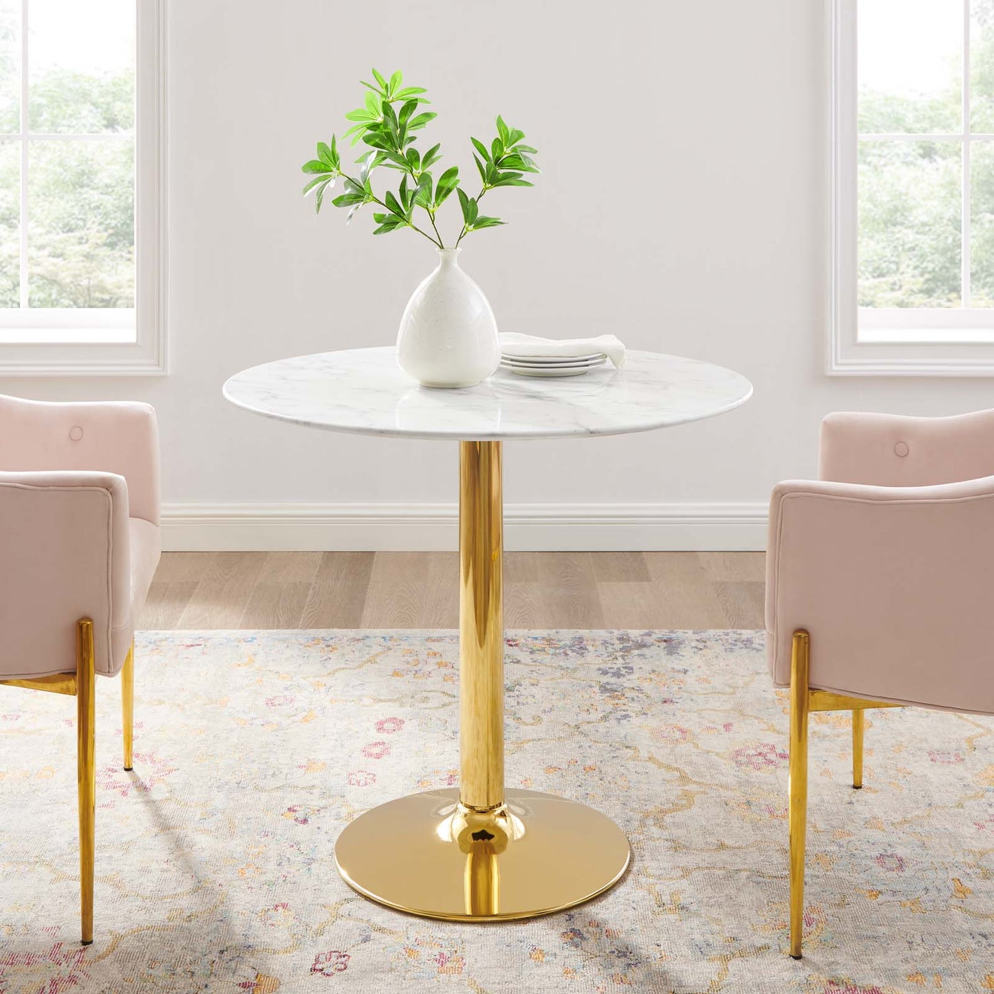 Verne 35" Artificial Marble Dining Table with Gold Base