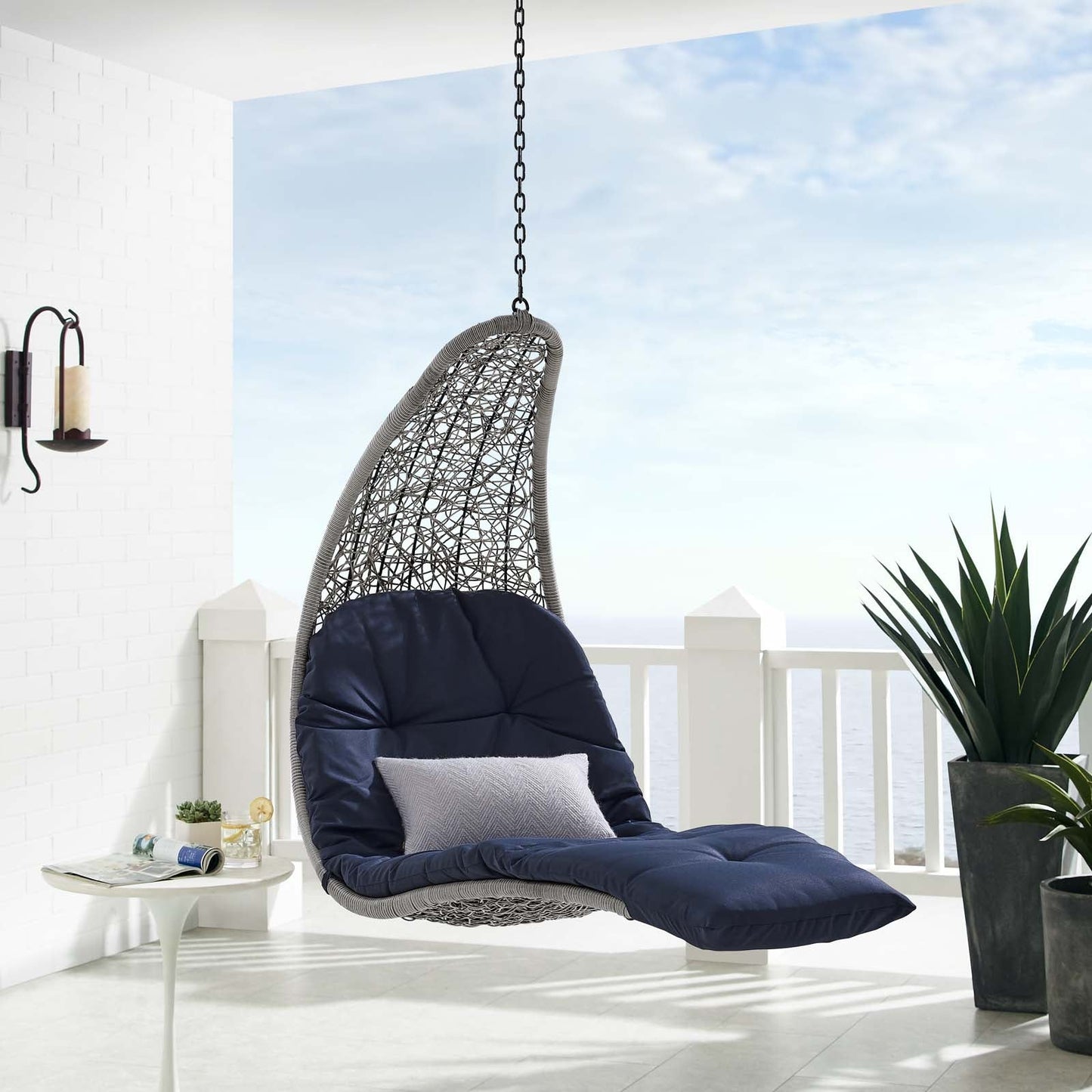 Landscape Hanging Chaise Lounge Outdoor Patio Swing Chair Light Gray Navy EEI-4589-LGR-NAV