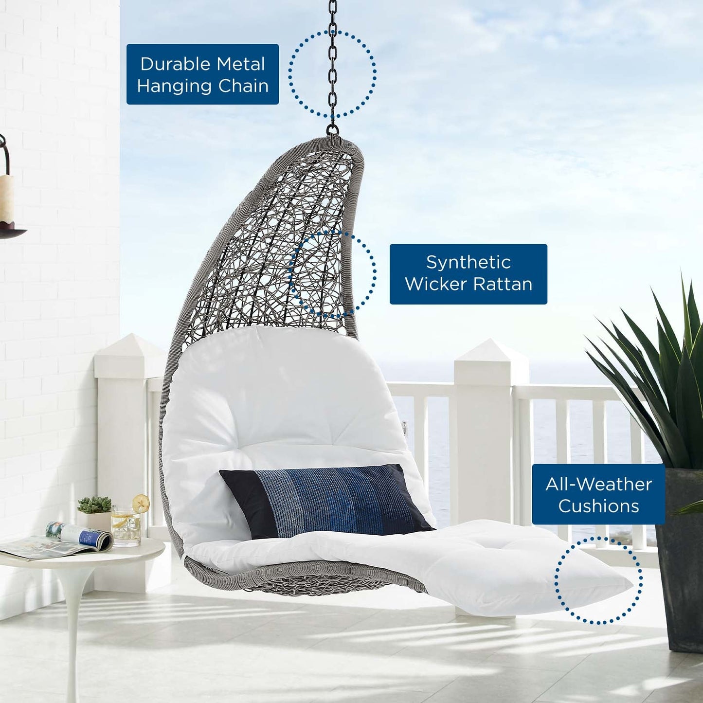 Landscape Hanging Chaise Lounge Outdoor Patio Swing Chair Light Gray White EEI-4589-LGR-WHI