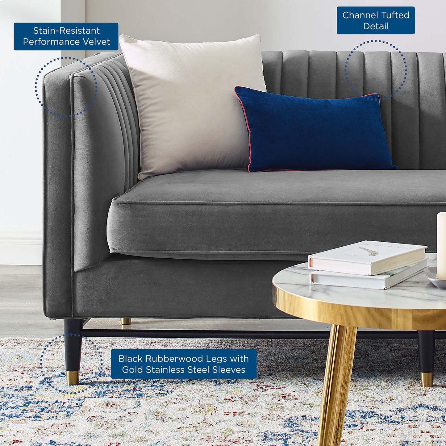 Devote Channel Tufted Performance Velvet Loveseat Gray EEI-4718-GRY