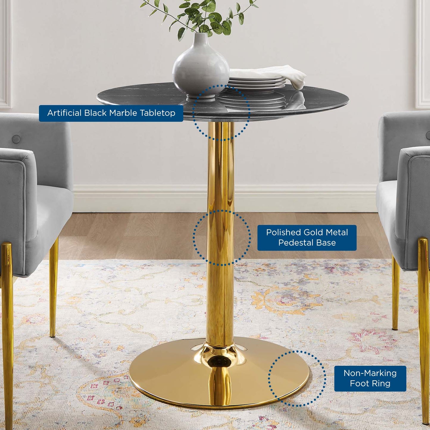 Verne 28" Artificial Marble Dining Table Gold