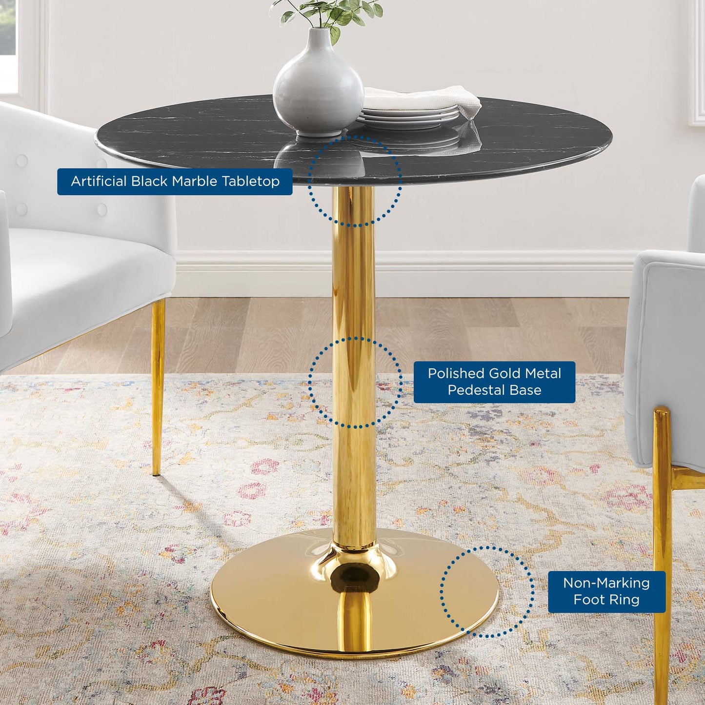 Verne 35" Artificial Marble Dining Table with Gold Base