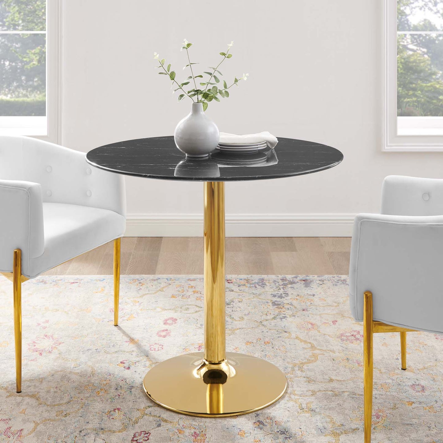 Verne 35" Artificial Marble Dining Table with Gold Base