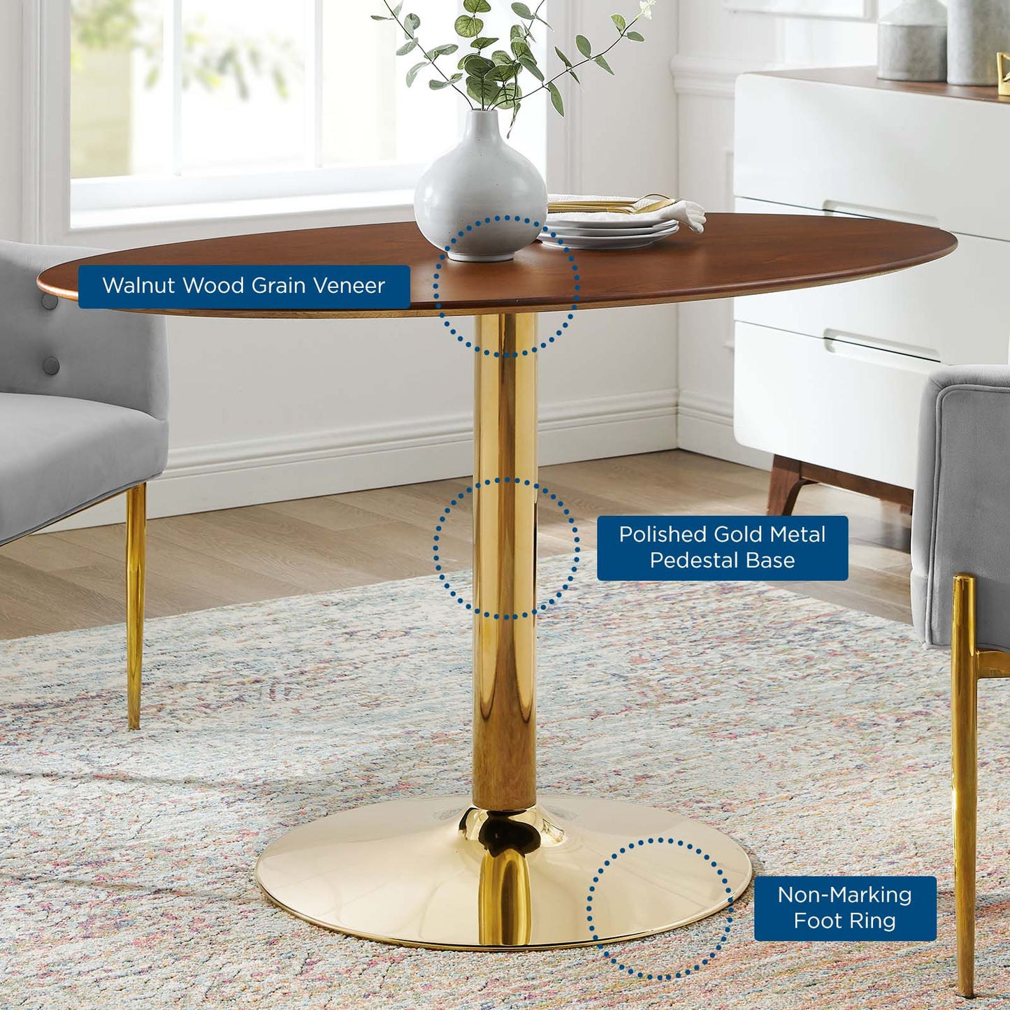 Verne 48" Oval Dining Table Gold with Artificial Marble and Wood Options