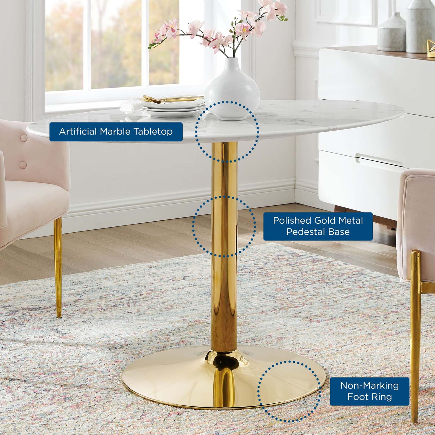 Verne 48" Oval Dining Table Gold with Artificial Marble and Wood Options