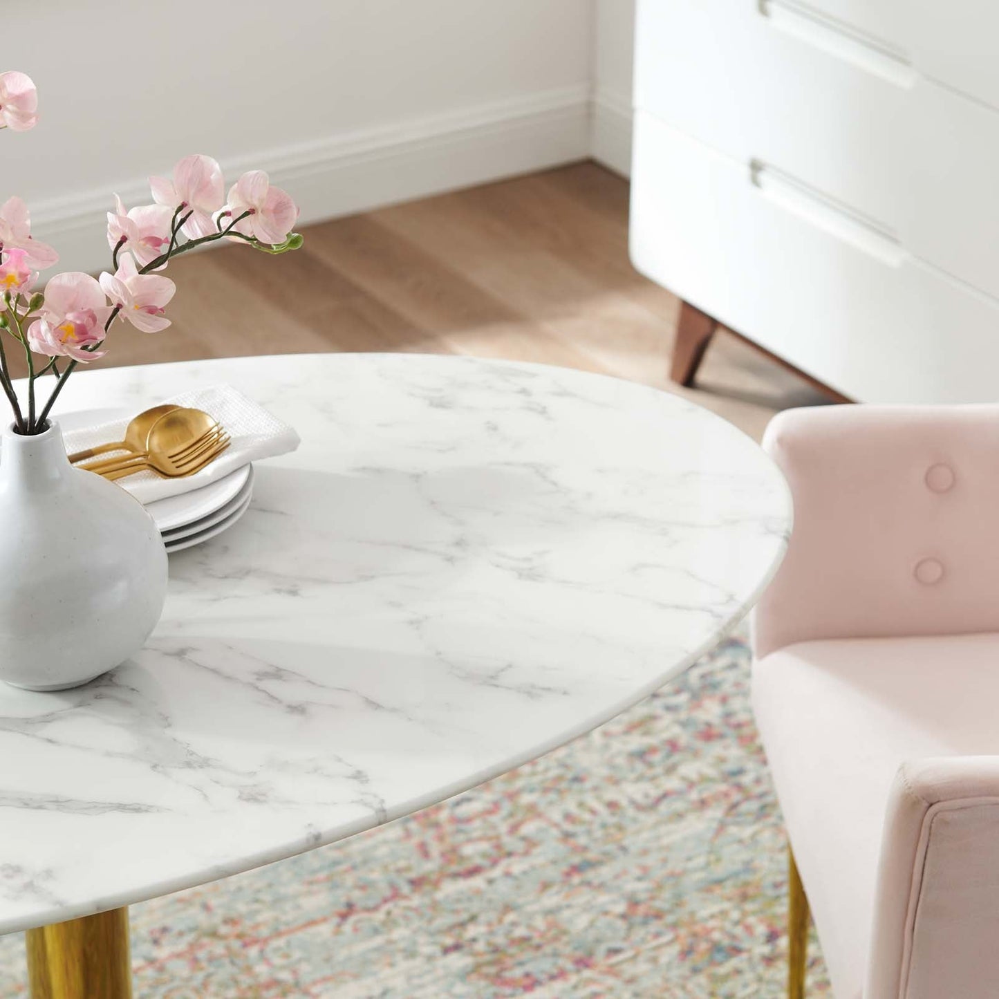 Verne 48" Oval Dining Table Gold with Artificial Marble and Wood Options