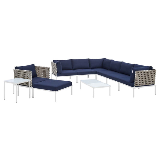 Harmony 10-Piece  Sunbrella® Basket Weave Outdoor Patio Aluminum Sectional Sofa Set Tan Navy EEI-4951-TAN-NAV-SET