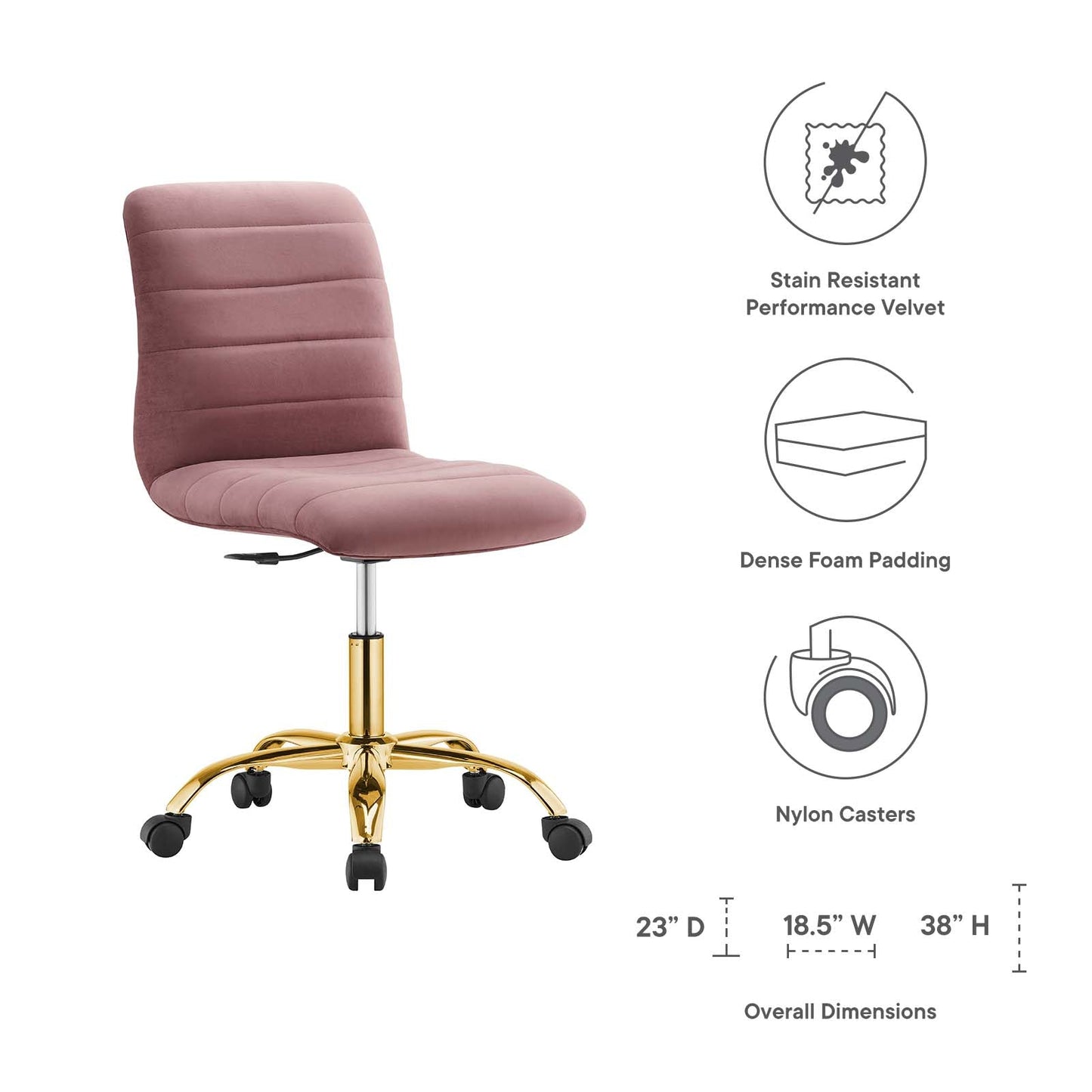 Ripple Armless Performance Velvet Office Chair Gold Dusty Rose EEI-4972-GLD-DUS