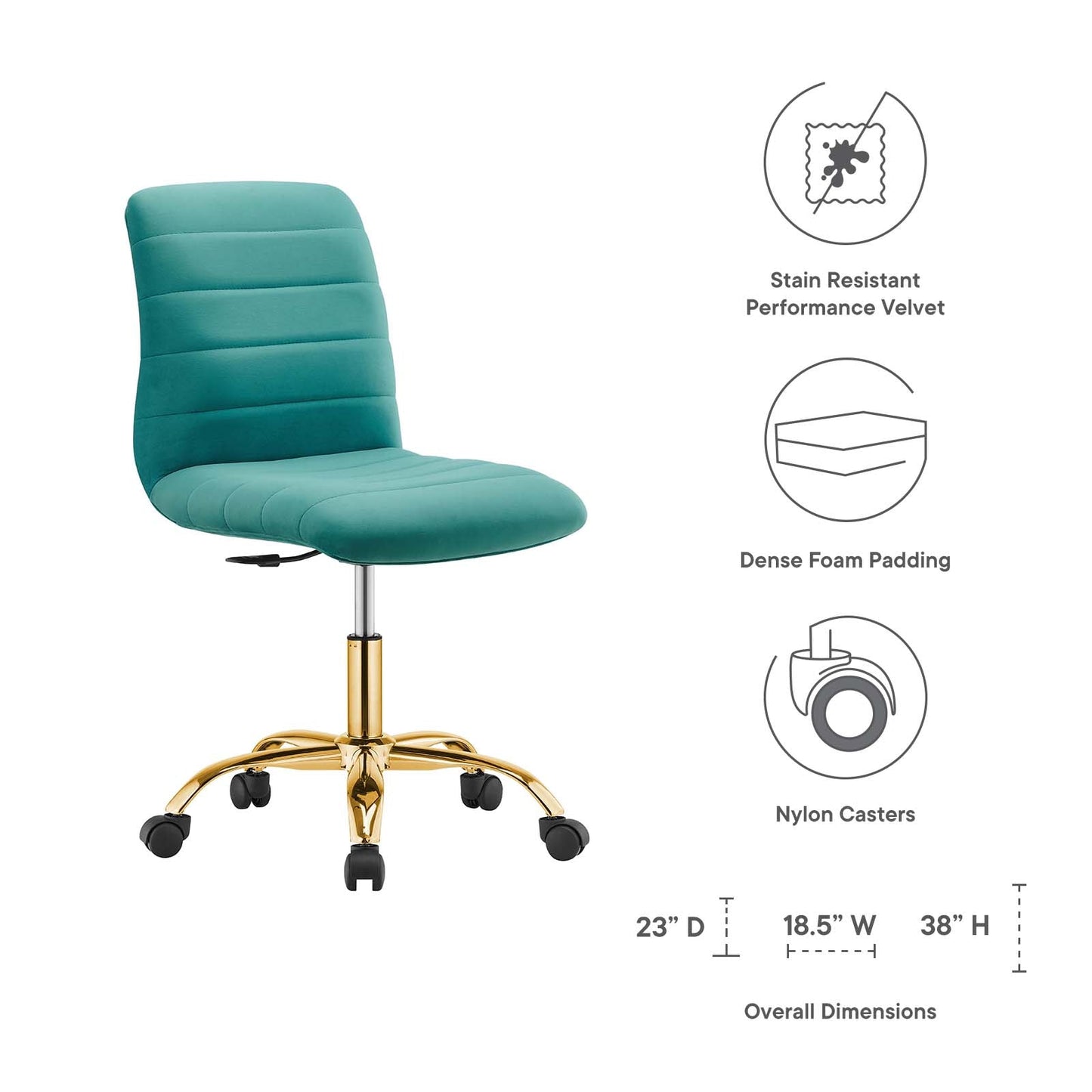 Ripple Armless Performance Velvet Office Chair Gold Teal EEI-4972-GLD-TEA