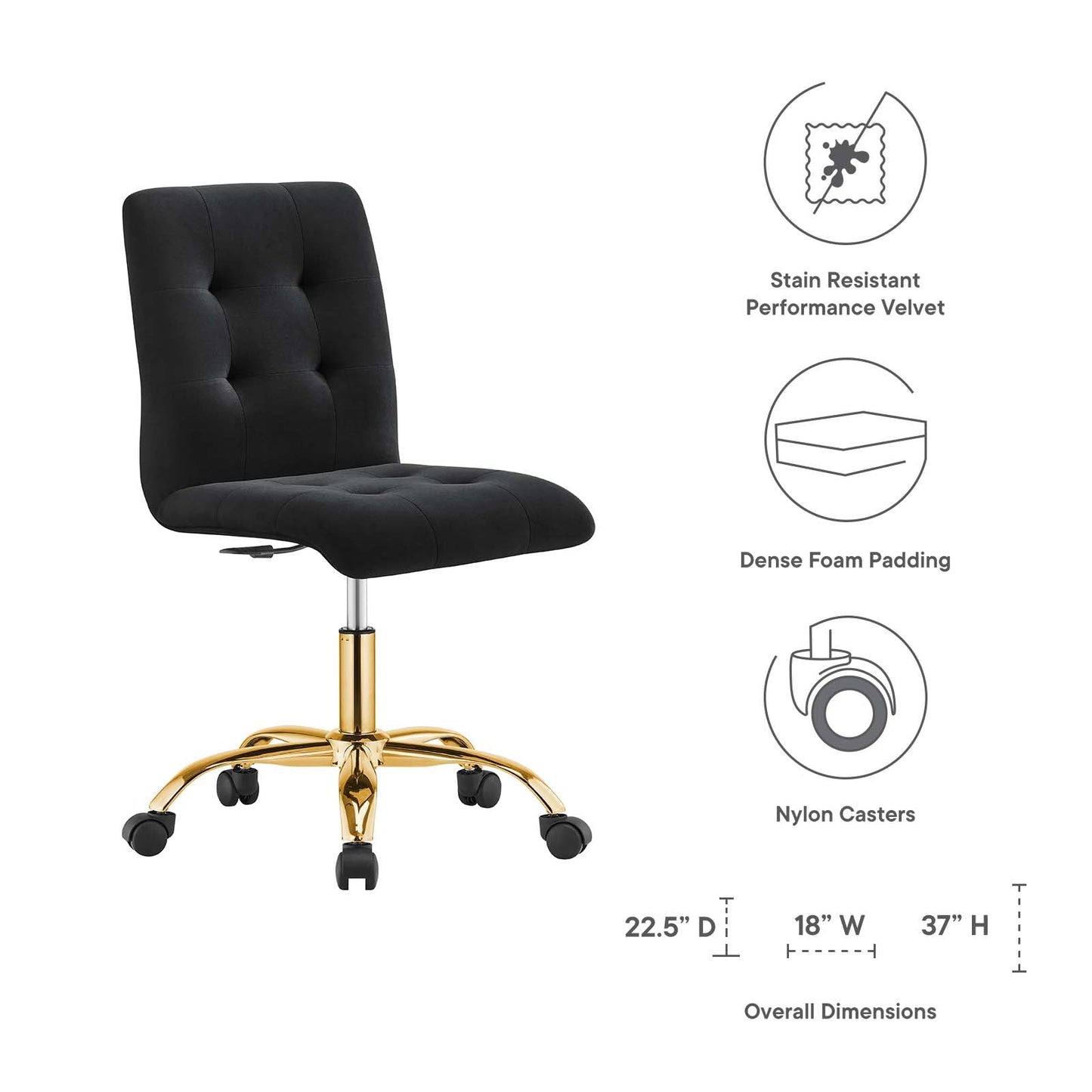 Prim Armless Performance Velvet Office Chair Gold Black EEI-4973-GLD-BLK