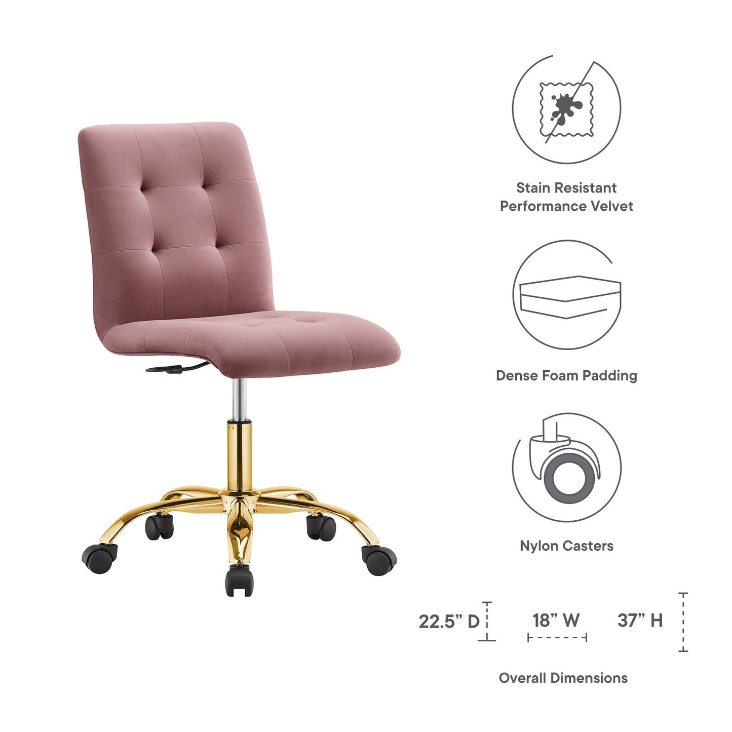 Prim Armless Performance Velvet Office Chair Gold Dusty Rose EEI-4973-GLD-DUS