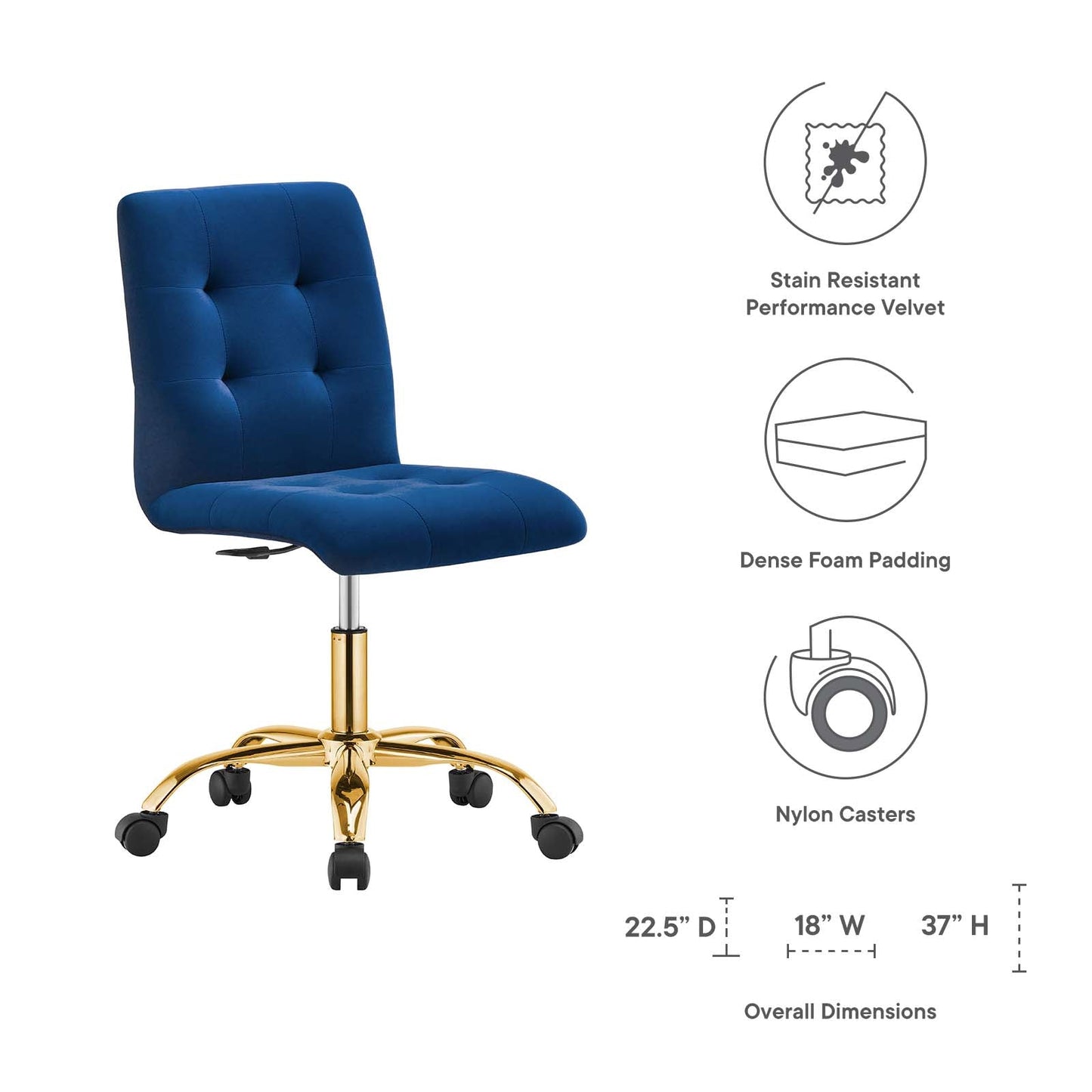 Prim Armless Performance Velvet Office Chair Gold Navy EEI-4973-GLD-NAV