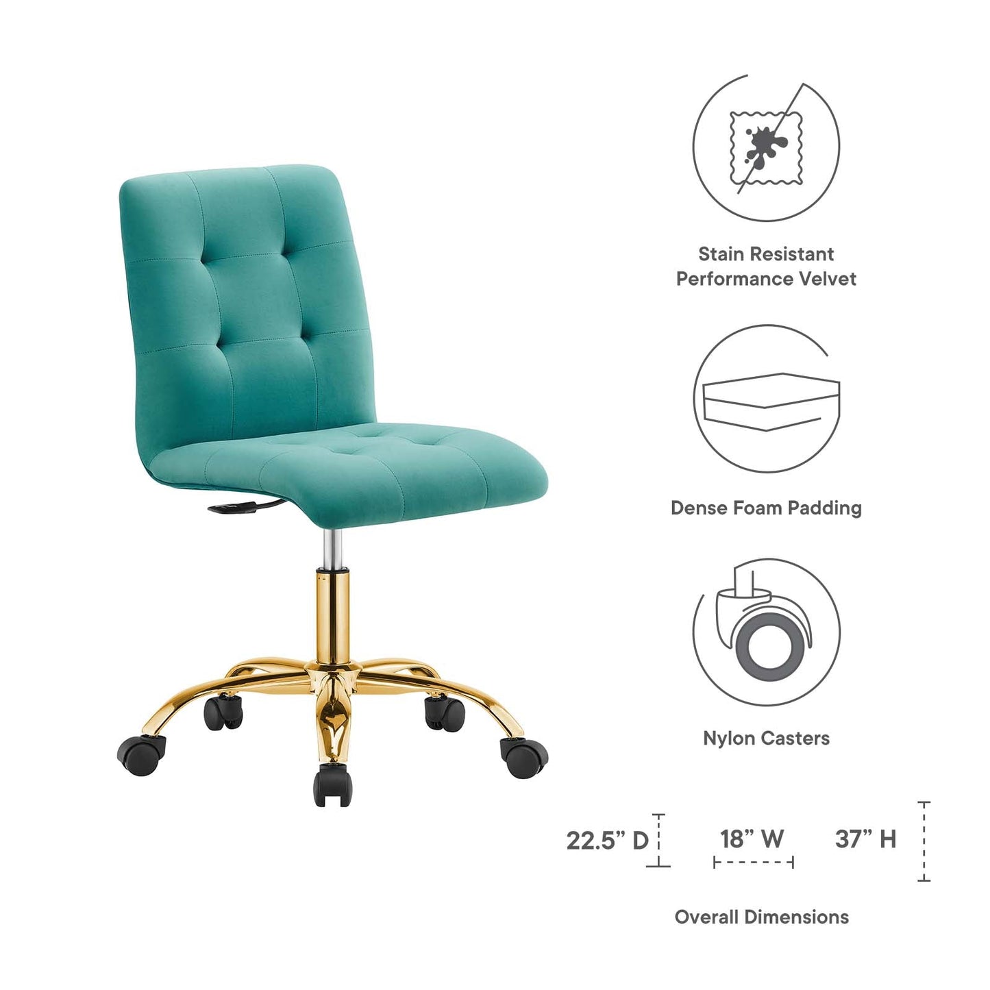 Prim Armless Performance Velvet Office Chair Gold Teal EEI-4973-GLD-TEA