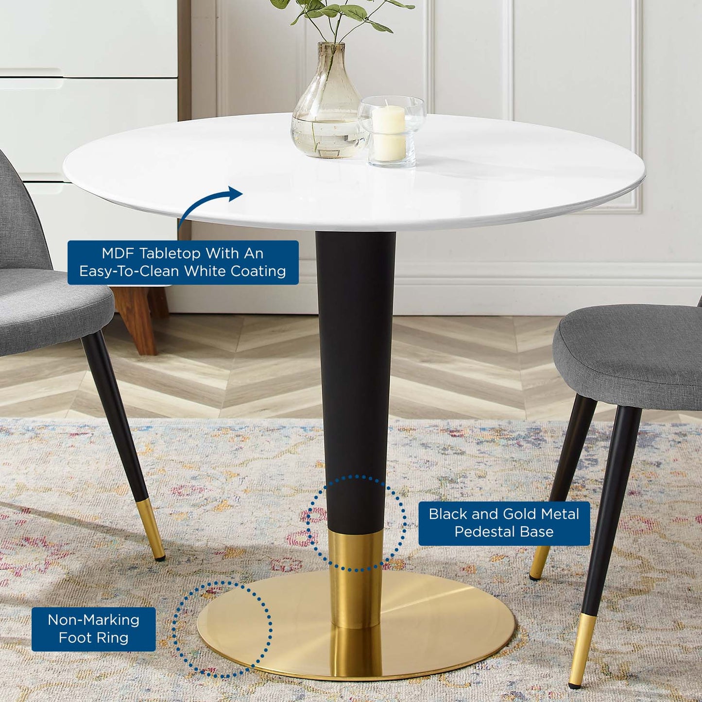 Zinque Dining Table Collection Gold Finish with Marble and Walnut Options