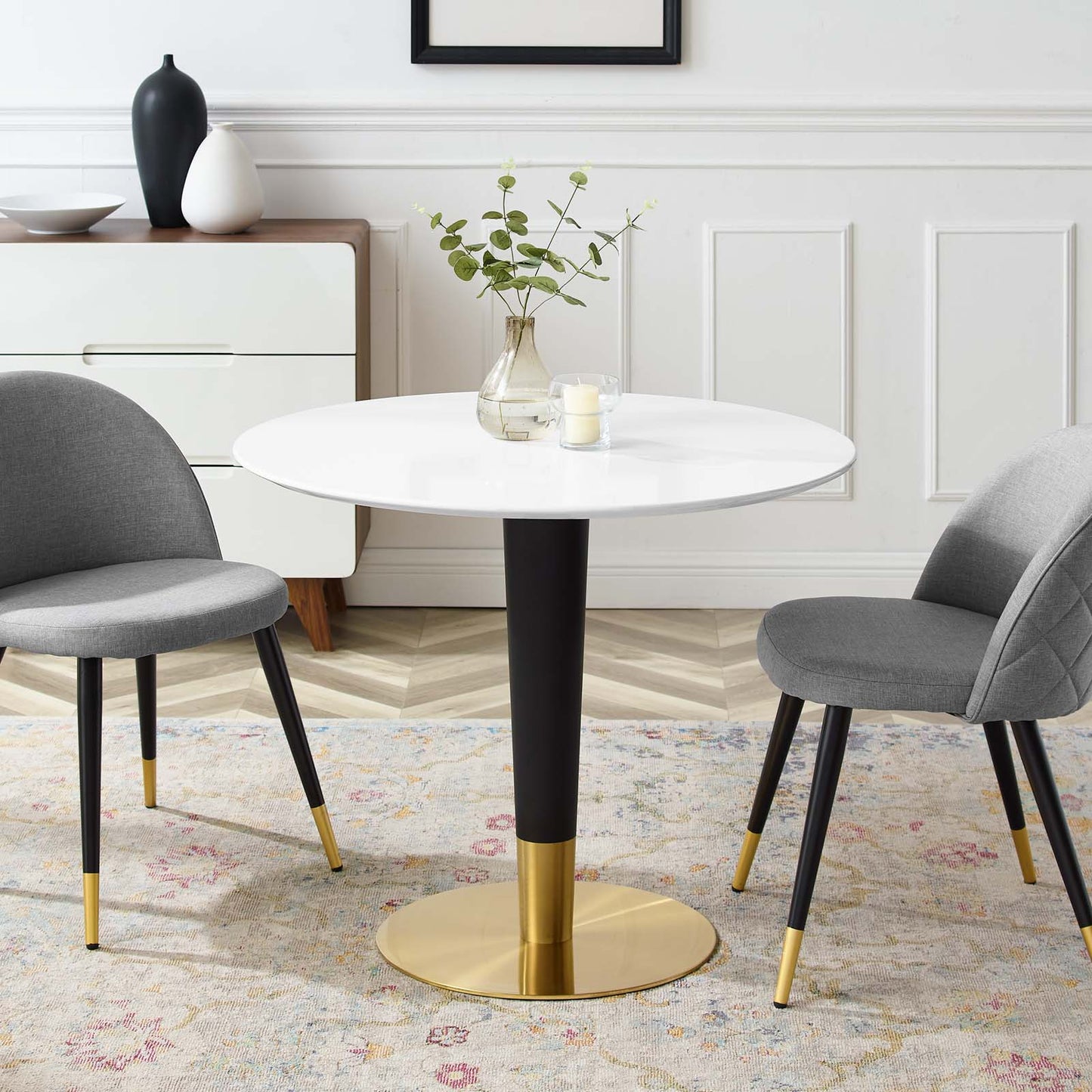 Zinque Dining Table Collection Gold Finish with Marble and Walnut Options