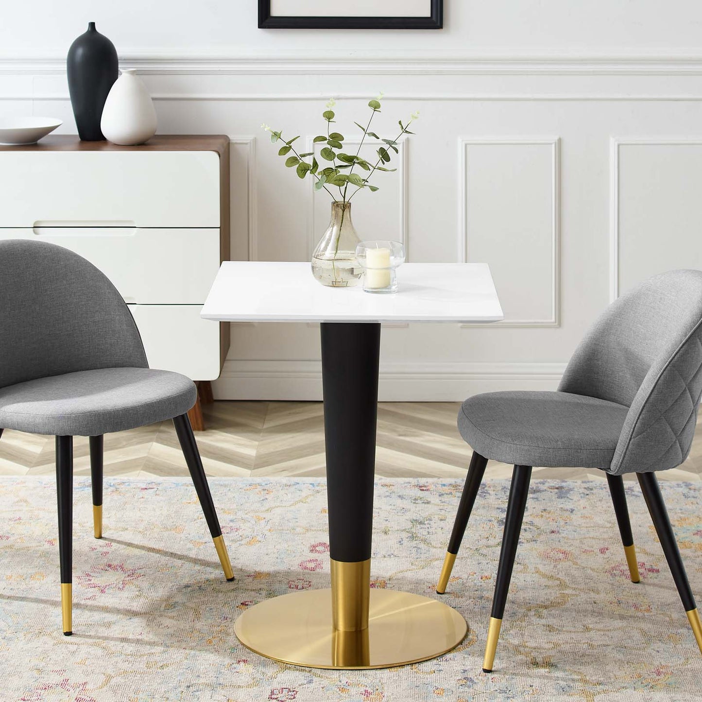 Zinque Dining Table Collection Gold Finish with Marble and Walnut Options
