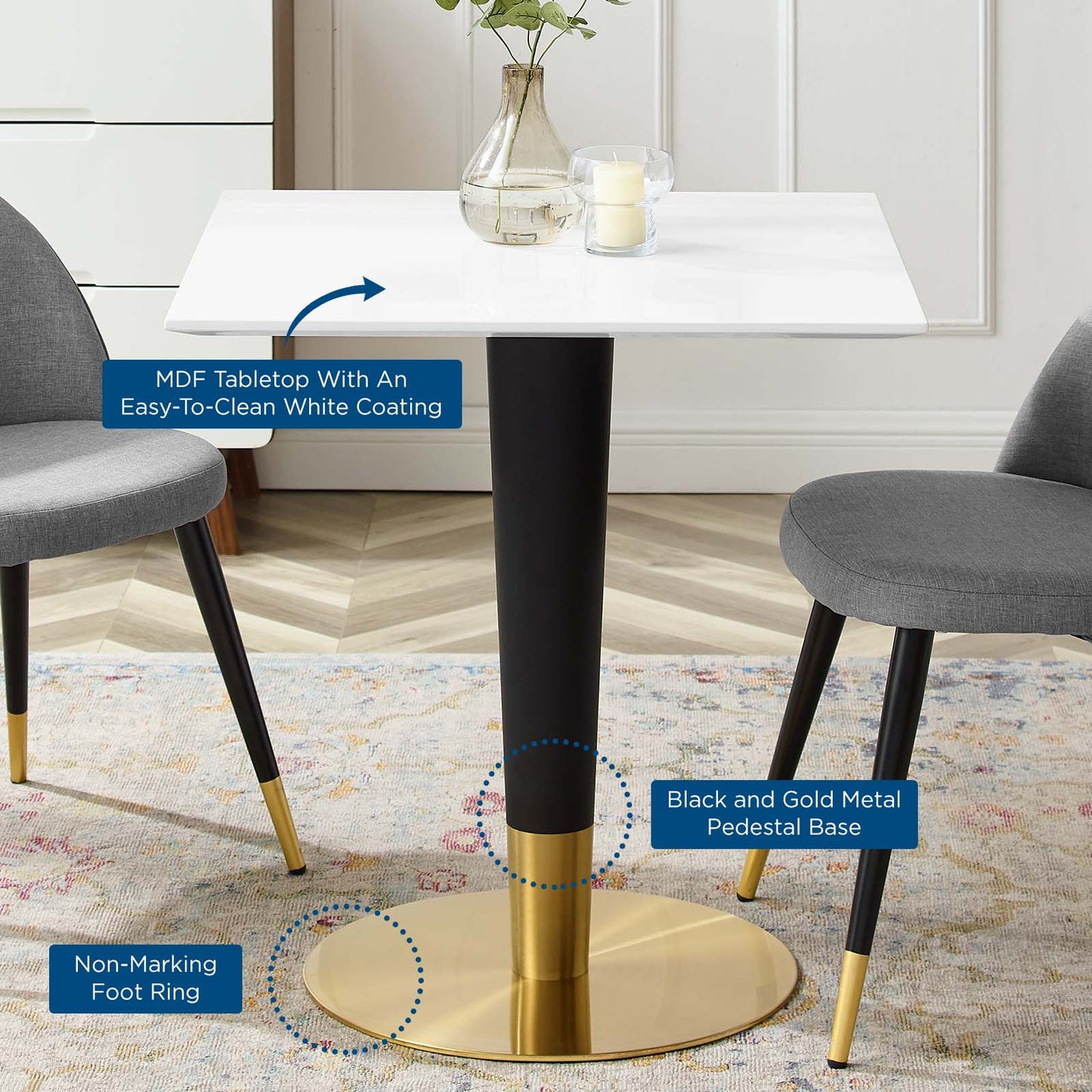 Zinque Dining Table Collection Gold Finish with Marble and Walnut Options