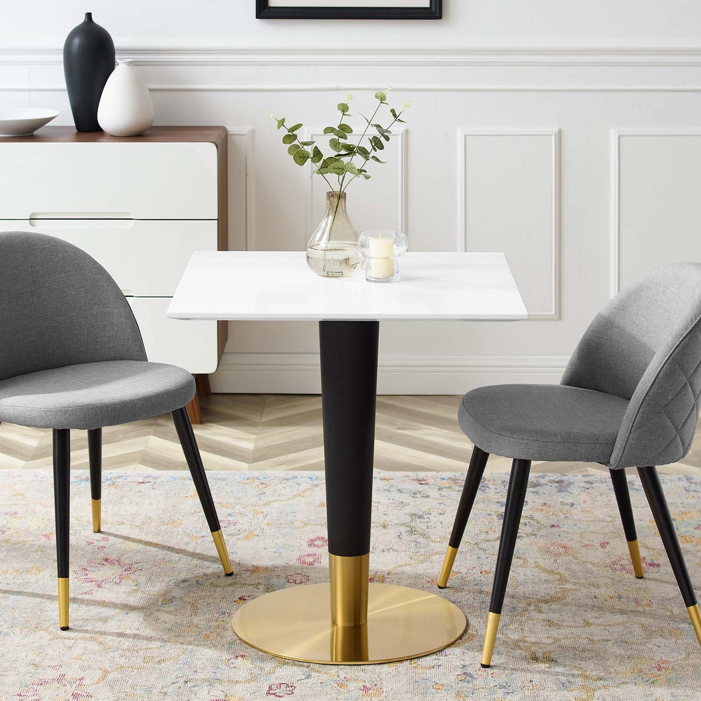 Zinque Dining Table Collection Gold Finish with Marble and Walnut Options