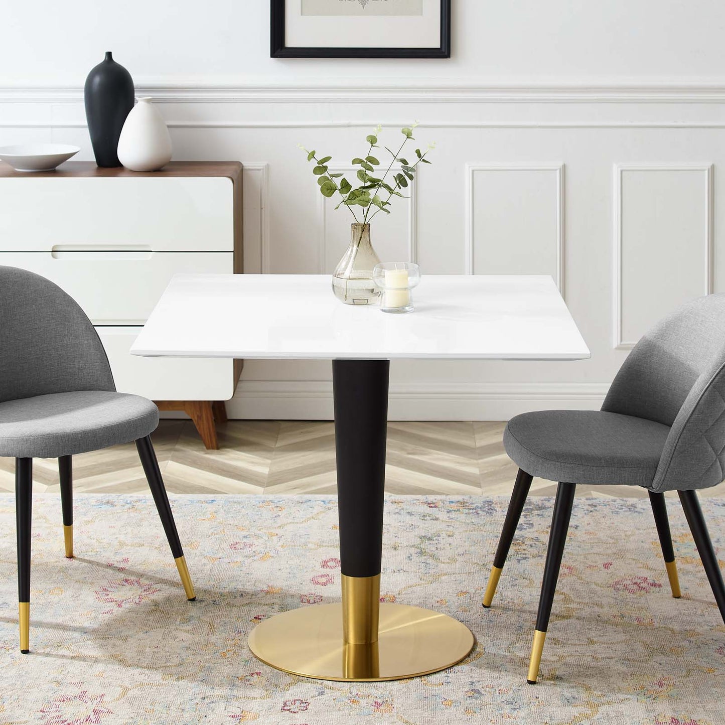 Zinque Dining Table Collection Gold Finish with Marble and Walnut Options