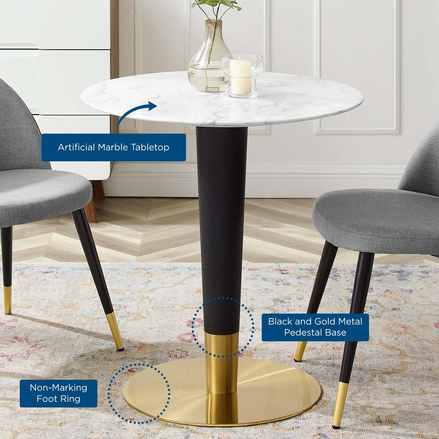 Zinque Dining Table Collection Gold Finish with Marble and Walnut Options