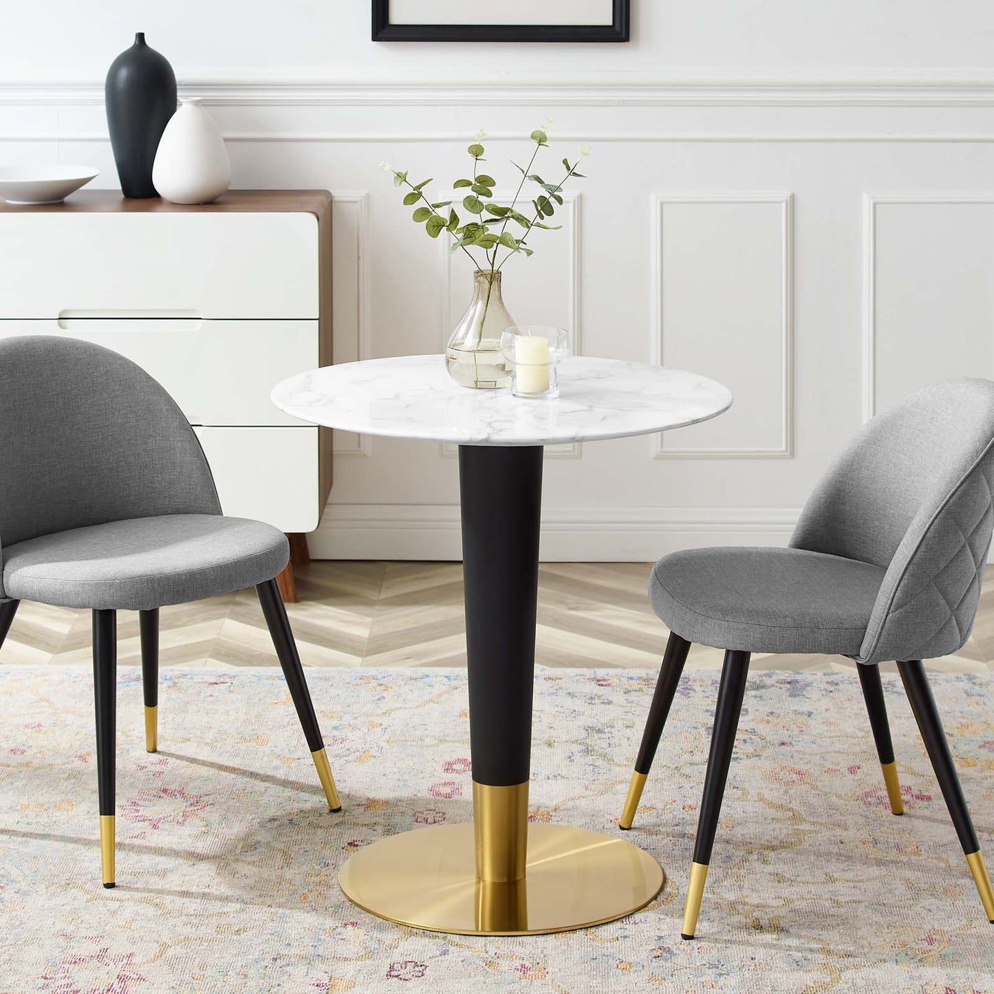 Zinque Dining Table Collection Gold Finish with Marble and Walnut Options