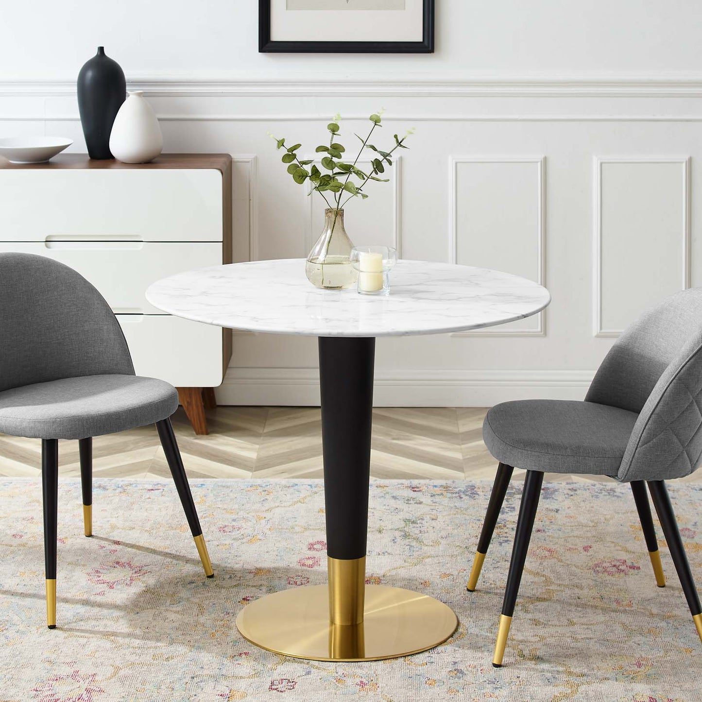 Zinque Dining Table Collection Gold Finish with Marble and Walnut Options