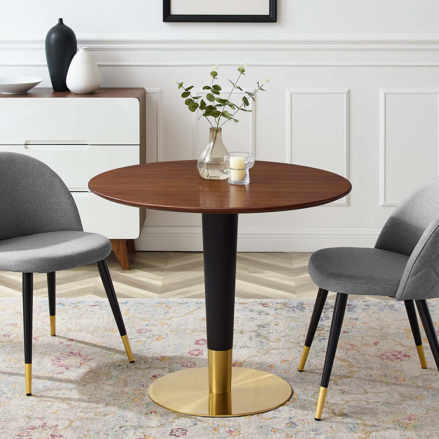 Zinque Dining Table Collection Gold Finish with Marble and Walnut Options