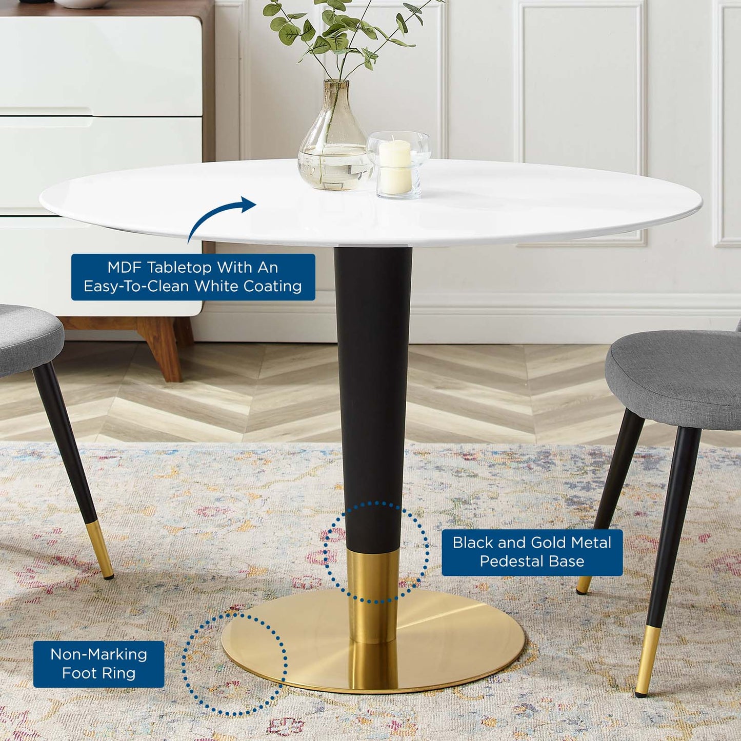 Zinque Dining Table Collection Gold Finish with Marble and Walnut Options