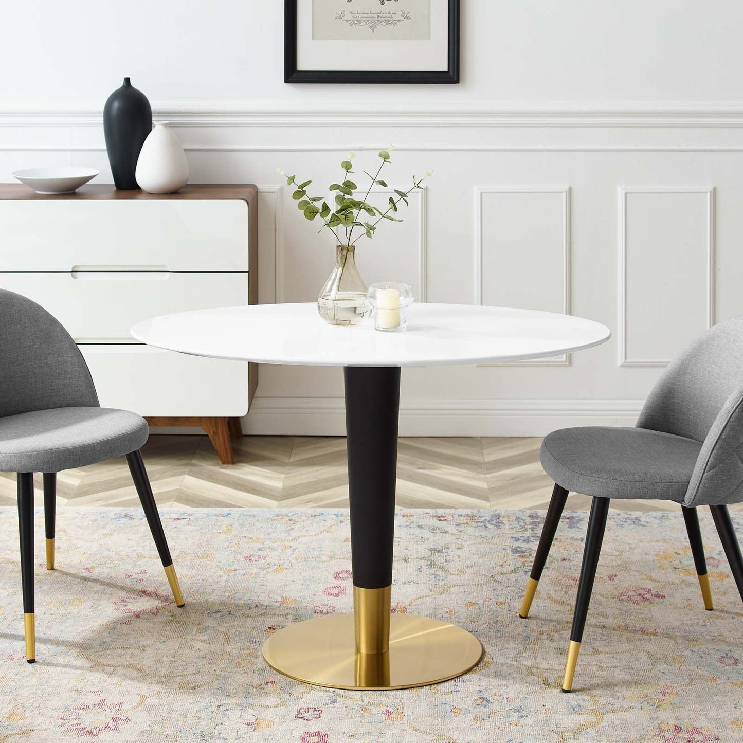 Zinque Dining Table Collection Gold Finish with Marble and Walnut Options