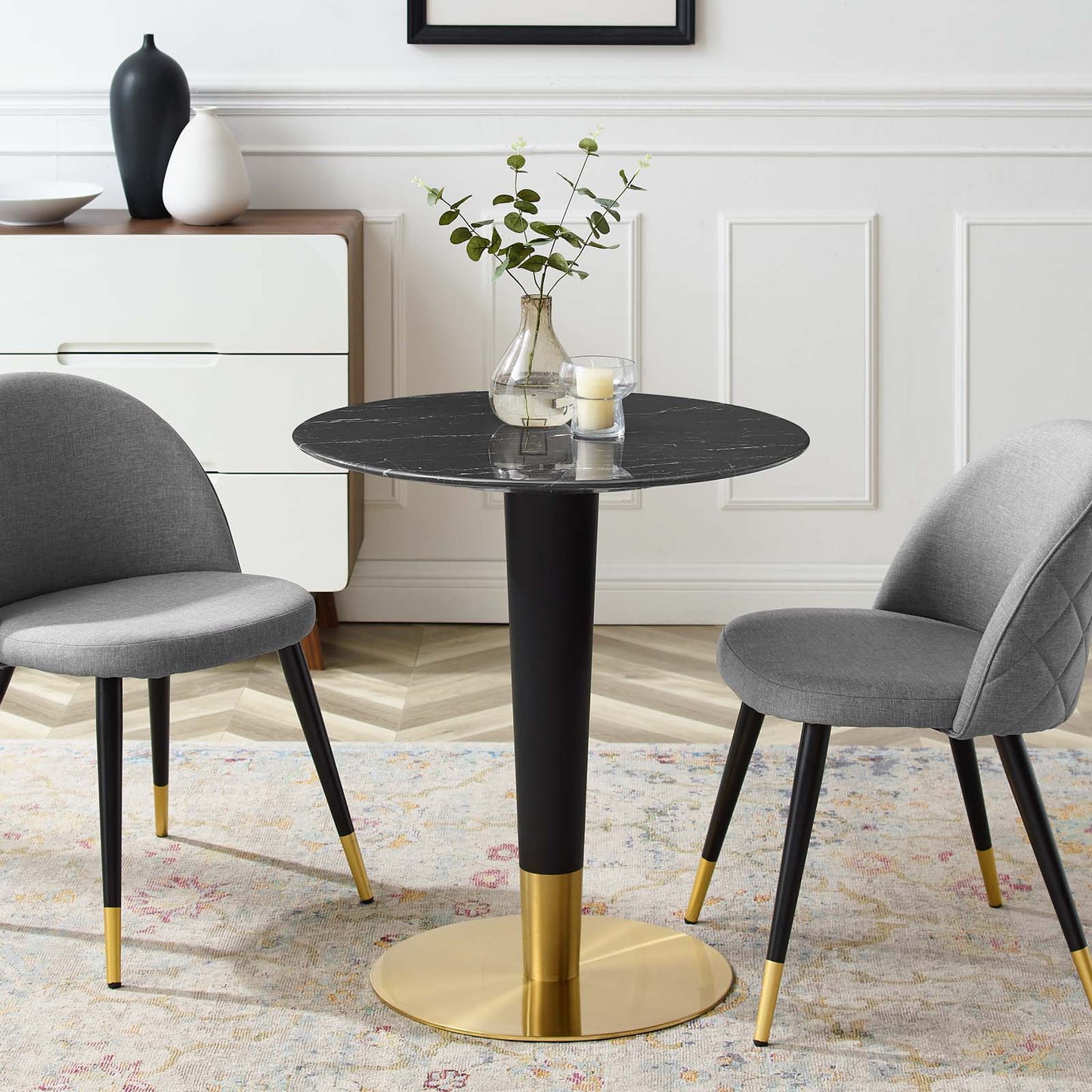 Zinque Dining Table Collection Gold Finish with Marble and Walnut Options