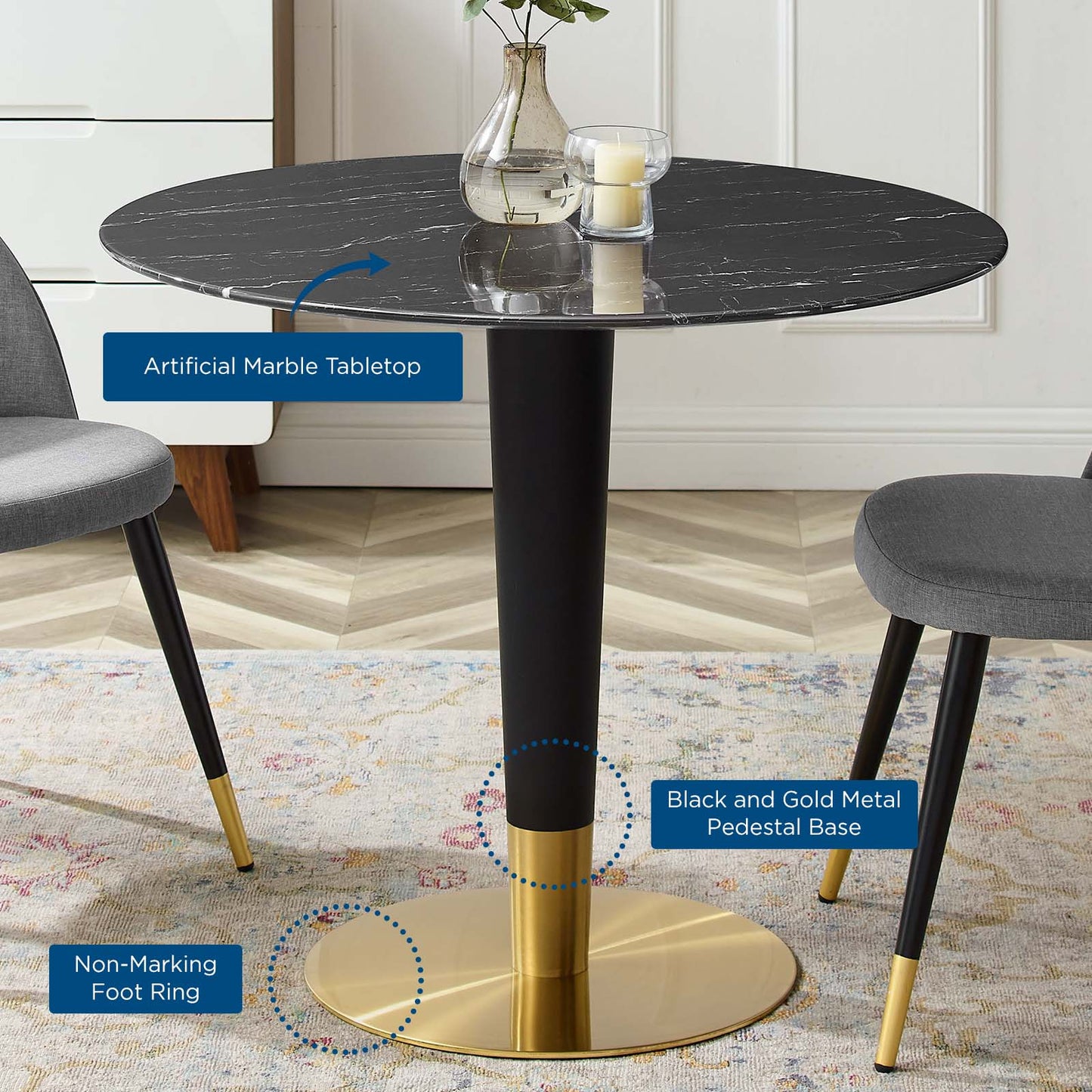 Zinque Dining Table Collection Gold Finish with Marble and Walnut Options