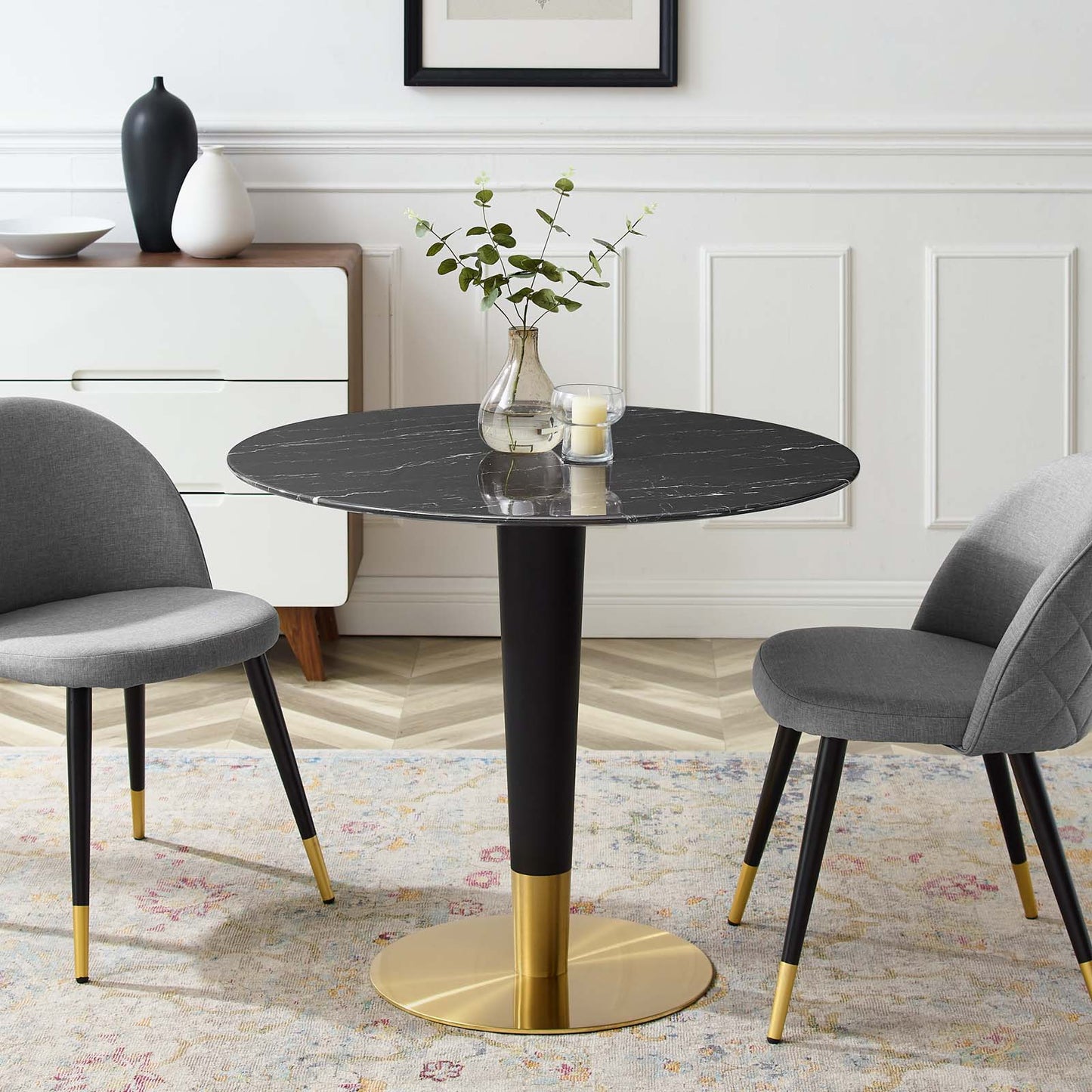 Zinque Dining Table Collection Gold Finish with Marble and Walnut Options