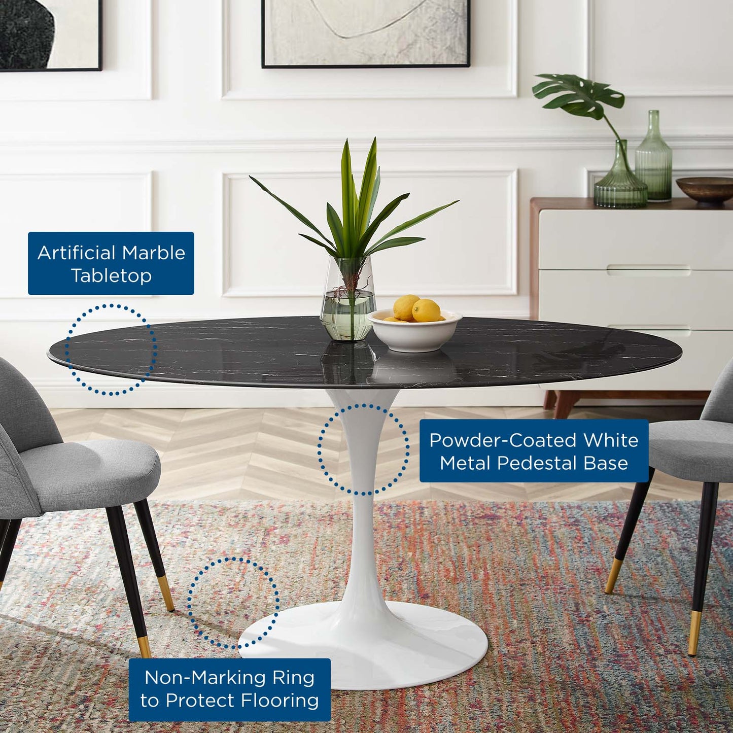 Lippa 60" Oval Dining Table with Artificial Marble and Wood Top