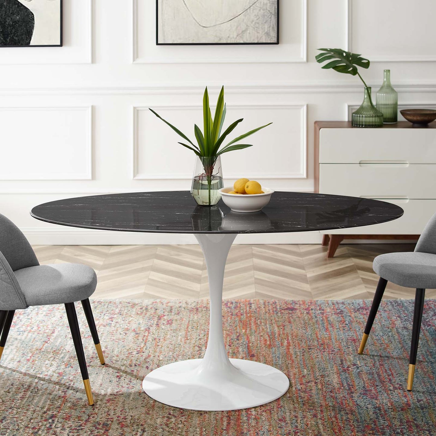Lippa 60" Artificial Marble Dining Table in Gold Black, White Black, and White Natural