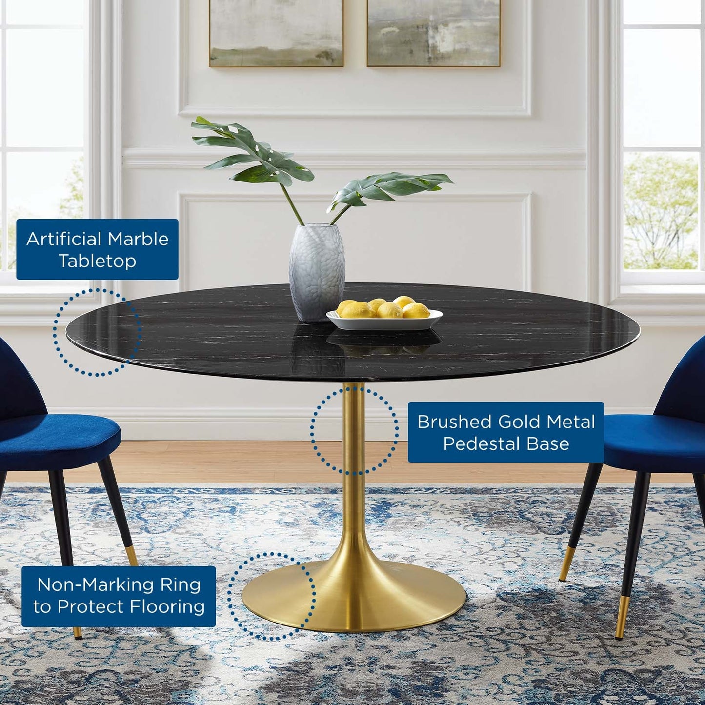 Lippa 60" Artificial Marble Dining Table in Gold Black, White Black, and White Natural