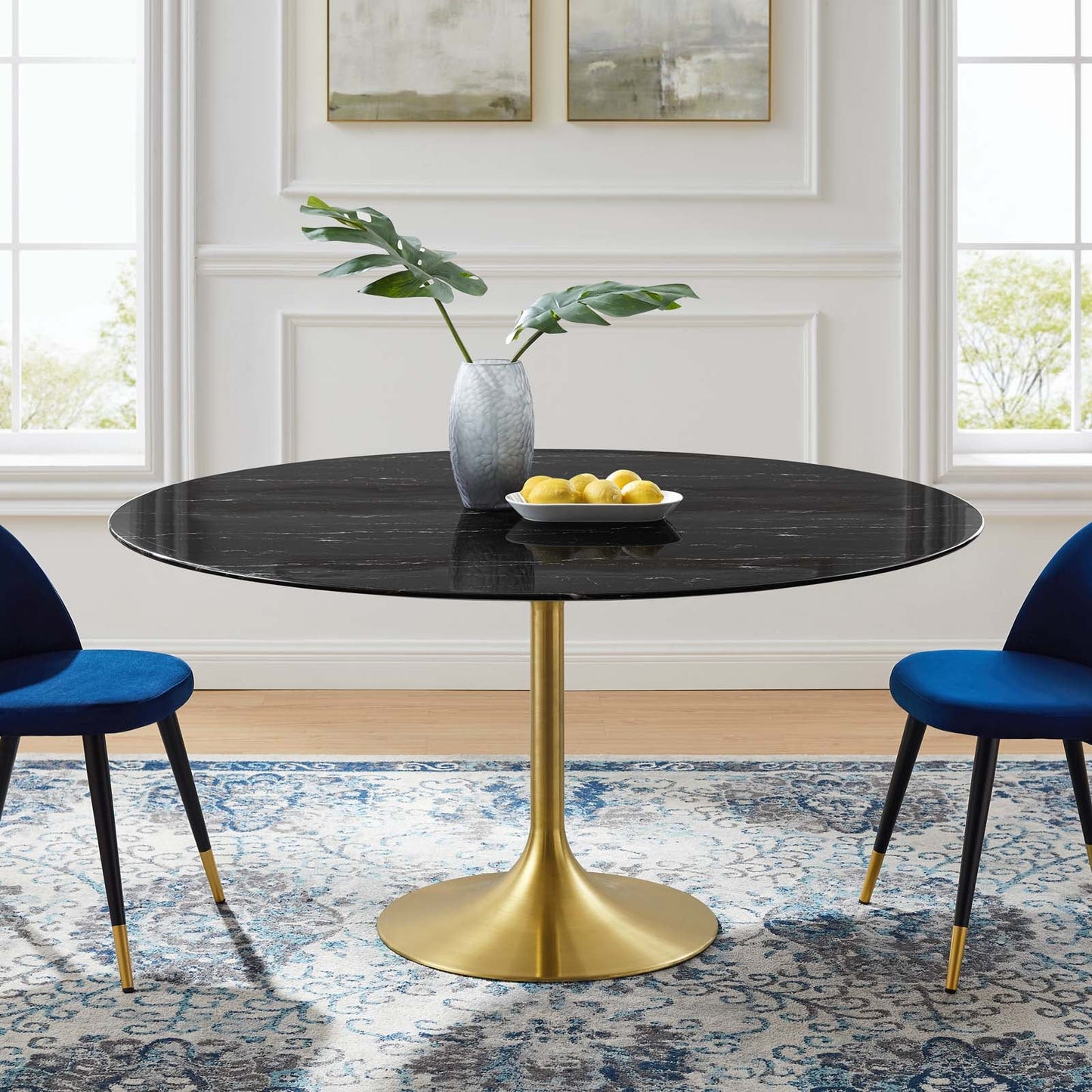 Lippa 60" Artificial Marble Dining Table in Gold Black, White Black, and White Natural