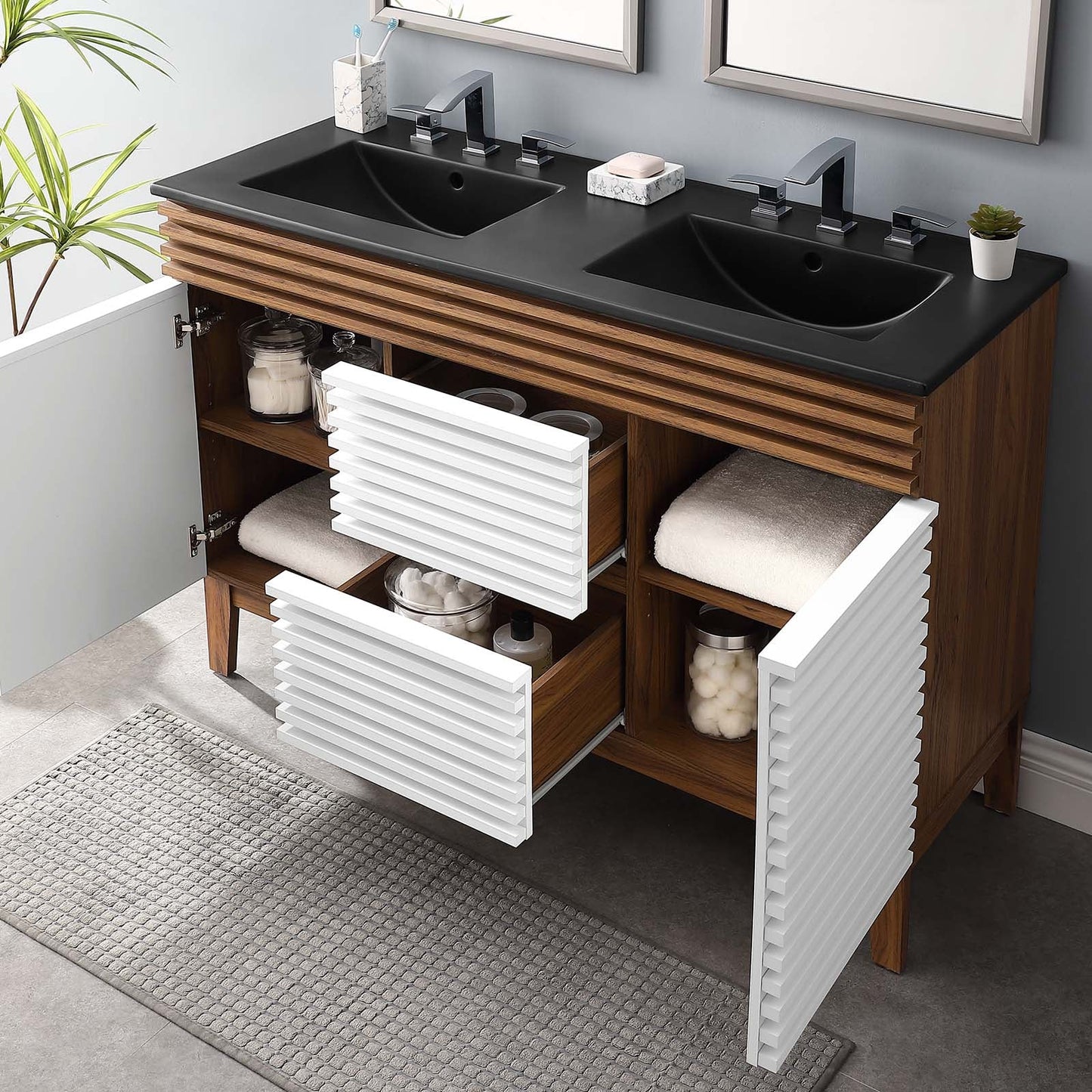 Render 48" Double Sink Bathroom Vanity White Walnut Black EEI-5381-WHI-WAL-BLK