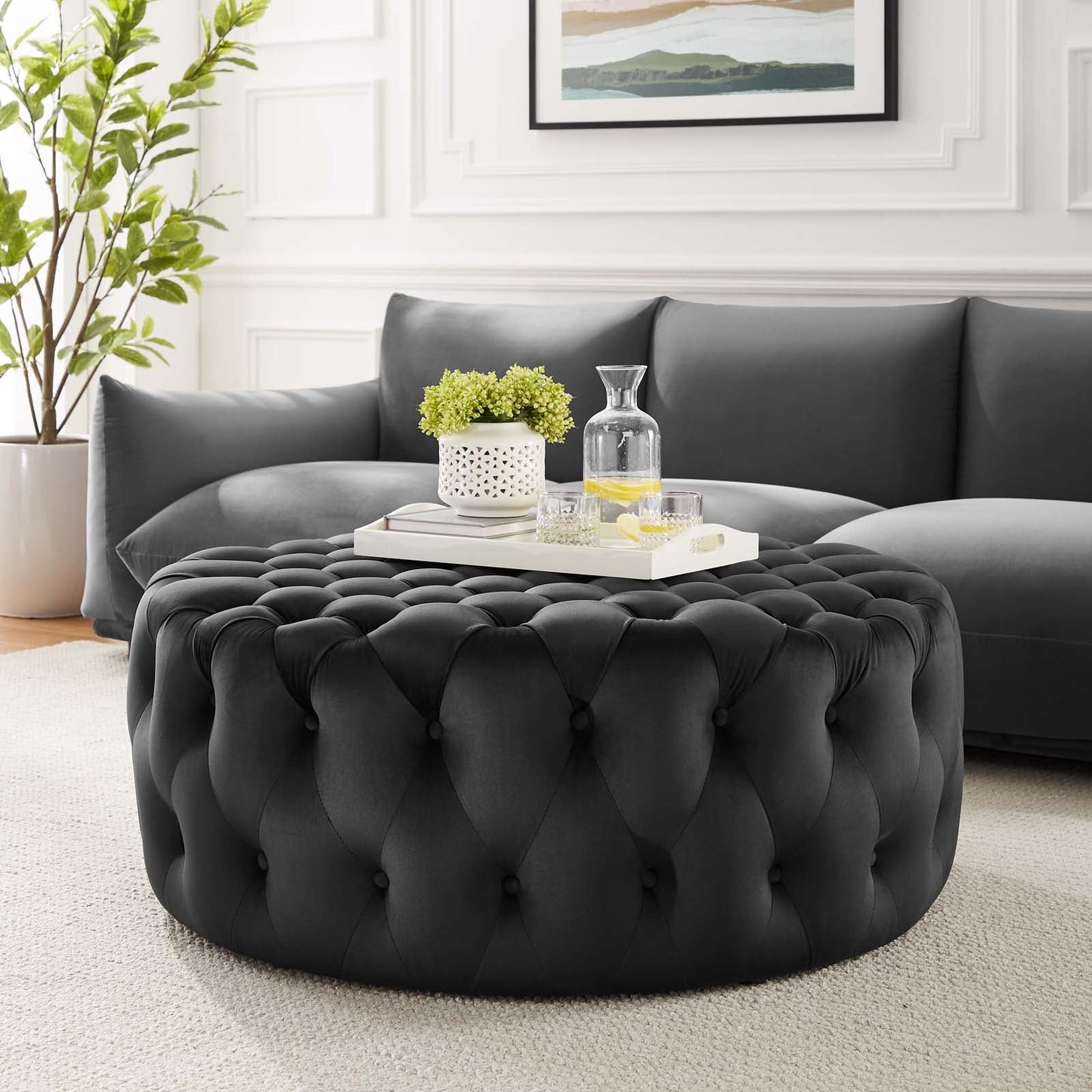 Amour Tufted Button Large Round Performance Velvet Ottoman Black EEI-5469-BLK