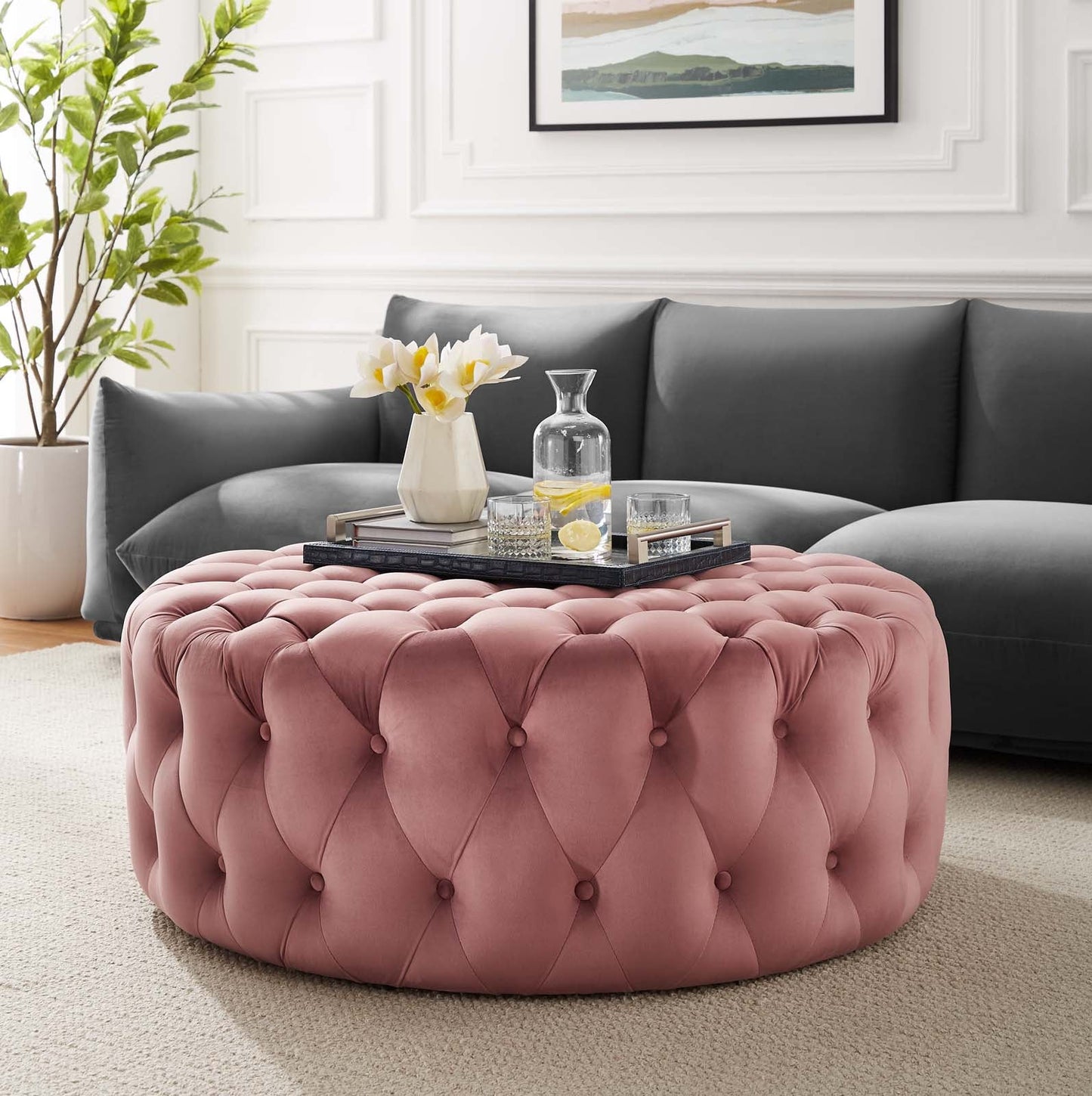 Amour Tufted Button Large Round Performance Velvet Ottoman Dusty Rose EEI-5469-DUS
