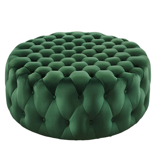 Amour Tufted Button Large Round Performance Velvet Ottoman Emerald EEI-5469-EME