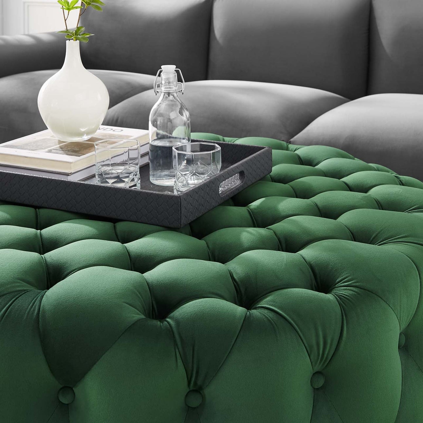 Amour Tufted Button Large Round Performance Velvet Ottoman Emerald EEI-5469-EME